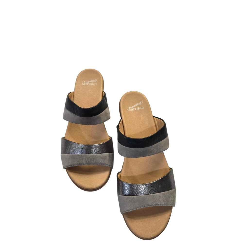 Dansko Vivian Multi Color Leather Slide Sandals Grey Black Metallic Silver 41